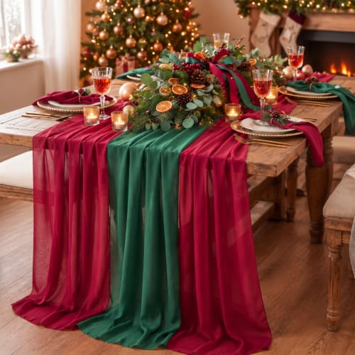 Christmas Chiffon Table Runners - Burgundy and Green, 6 Pieces