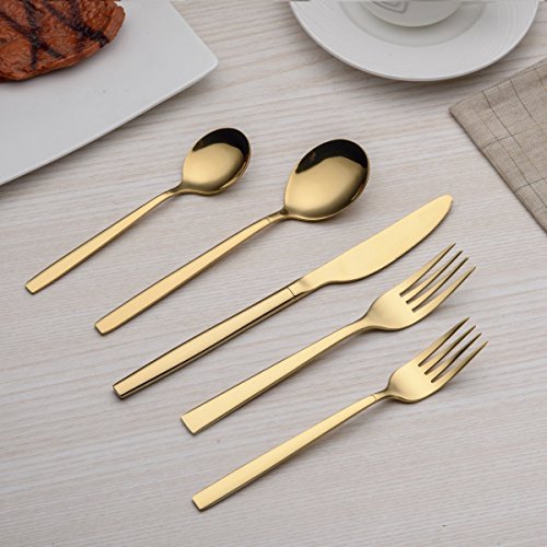 Titanium Gold Flatware Set - 20 Piece Service for 4, Golden Silverware Set with Dinner & Tea Utensils