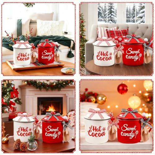 Christmas Ceramic Canisters Set - Mini Candy Holders with Wooden Beads & Ribbons - Holiday Decor