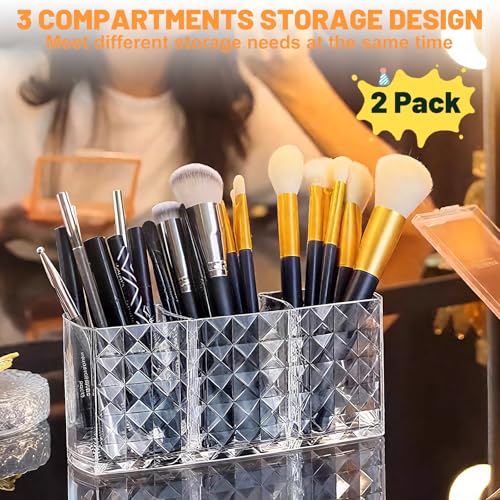 IIDEA 2-Pc Acrylic Makeup Brush Holder, 3-Compartment Cosmetic Organizer - White