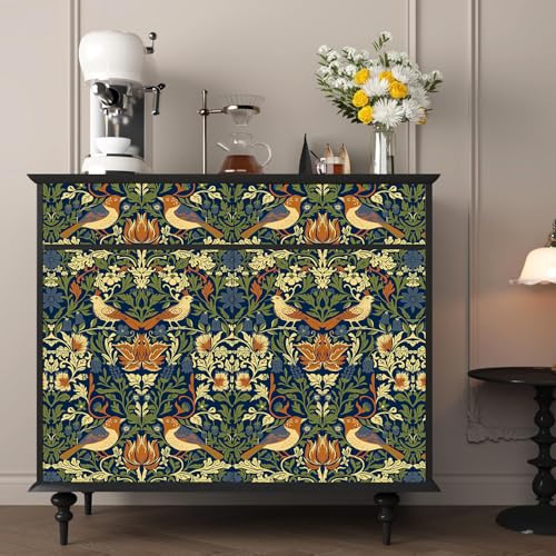Self Adhesive Vintage Bird Shelf Liner Dark Blue 17.3"W x 78.7"L - Waterproof Drawer & Cabinet Cover