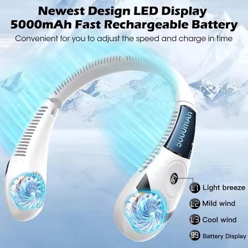 GLACIAIRE Foldable Neck Fan Rechargeable - 5000mAh Quiet Portable Bladeless Personal Air Conditioner - LED Display, 3 Speeds, USB-C Hands-Free Cooling Breeze for Women, Men, Kids - White
