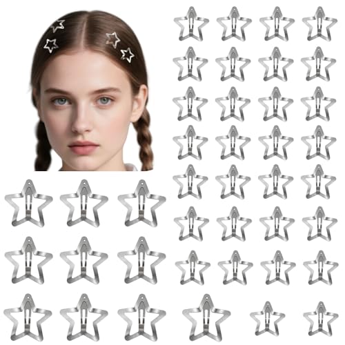 TIKIYOUN 40 Pcs Y2K Star Hair Clips Set - Silver Metal Non-Slip Snap Barrettes for Women and Girls