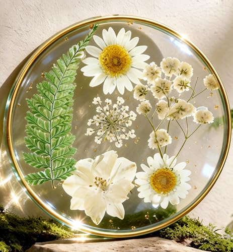 Oqplog Handmade Resin Drink Coaster with Dried Flowers - Elegant White Design