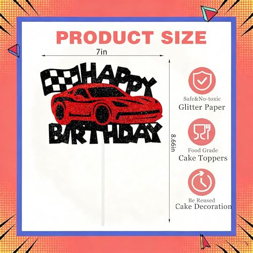 Race Car Birthday Cake Topper - Red Glitter Racing Theme Decor