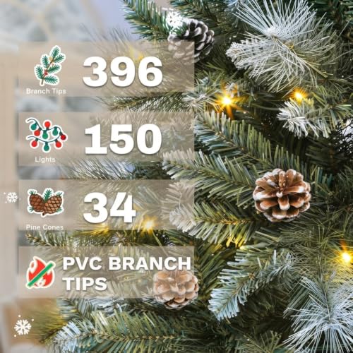 Pre-lit Frosted Artificial Christmas Tree 4.5ft with Pinecones & LED Lights - Green