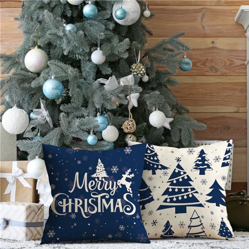 KISVODS Blue Christmas Pillow Covers 18x18, Set of 4 Winter Throw Cushions