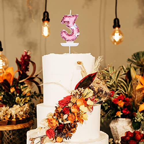 Pink Glitter Number 3 Candle - 2.95 Inch Birthday Cake Topper