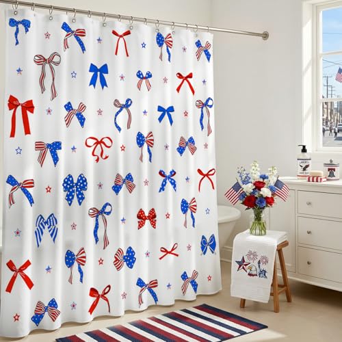 Mocsicka 4th of July Patriotic Shower Curtain, Stars and Bows, 72x72 Inch