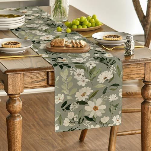 Green Olive Daisy Spring Table Runner 13x72 Inch Home Decor - Sage Green