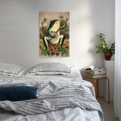 Banjo Playing Frog Wall Tapestry 24x36 Inch Vintage Boho Vertical Flag