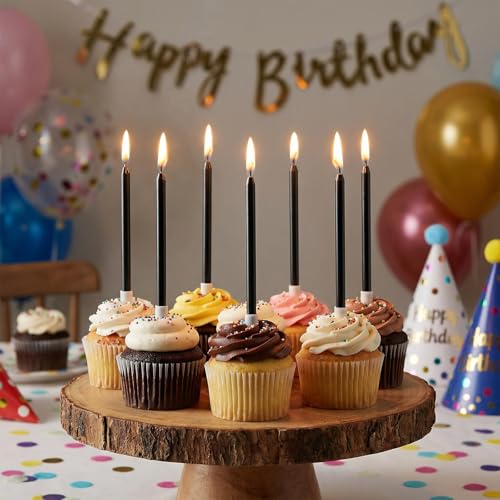 Black Long Thin Birthday Candles 24-Pack Tall Cake Toppers Party Supplies