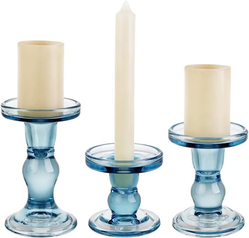 Blue Glass Candlestick Set by [Brand Name] - Elegant Crystal Holders for Weddings & Home Decor
