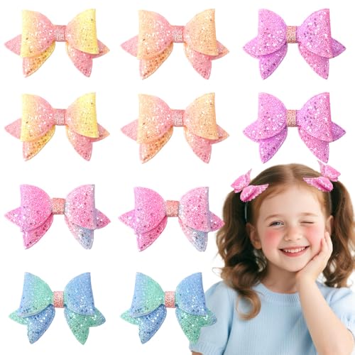 TODDER 3.35 Inch Glitter Hair Bows for Girls 10-Pack Sequins Alligator Clips