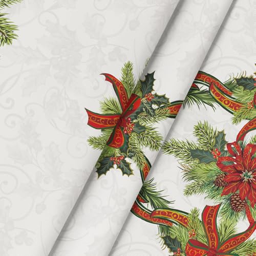 Christmas Tablecloth 90x90 Inch Round Poinsettia Gold Ribbon Red Variation