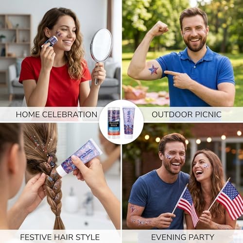 Patriotic Face and Body Glitter Tattoos 2-Piece Set for 4th of July