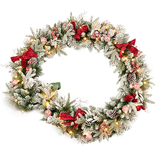 9ft Battery Operated Pre-lit Flocked Christmas Garland with Red Balls & Berries