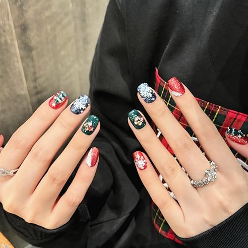 Christmas Press on Nails Short Square Red False Nails with Snowflakes