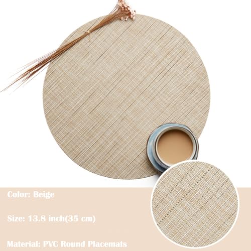 Round Vinyl Heat-Resistant Placemats Set of 4 - Beige, 13.8 Inch, Table Decor