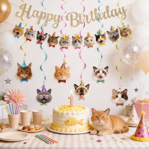 Cat Themed Happy Birthday Banner and Hanging Swirls Set - Multicolor