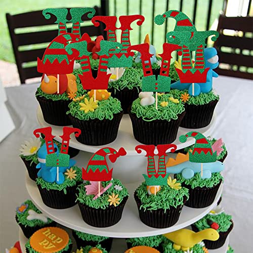 Christmas Elf Cupcake Toppers Glitter Merry Santa Hat Elf Legs Design 18 - 24 Pack
