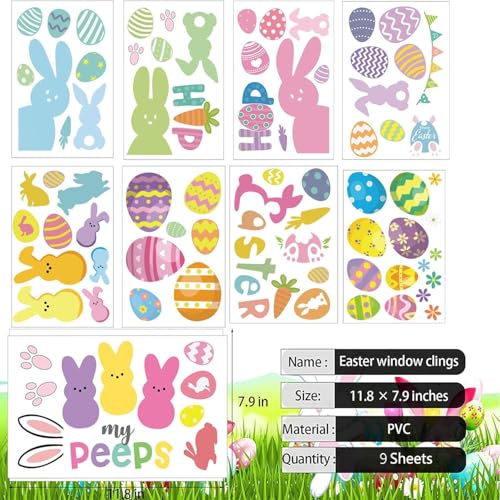 Easter Window Clings - 9 Sheets Bunny & Egg Stickers for Decor