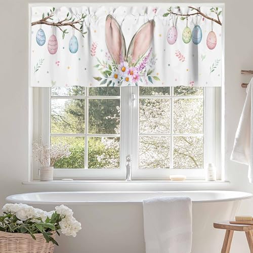 Easter Bunny Window Valance 54x18 Inch Colorful Egg Rabbit Rod Pocket