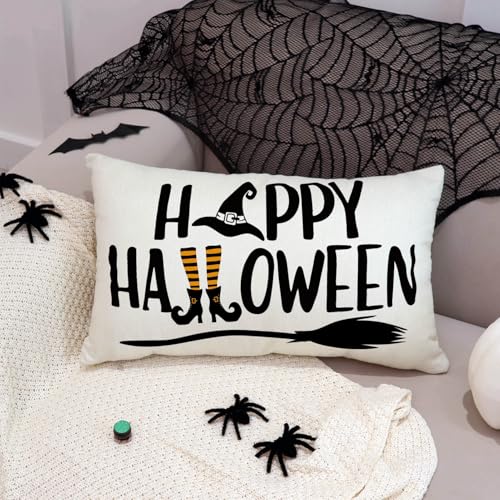 Happy Halloween Throw Pillow Cover, 12x20 Inch Witch Broom Design