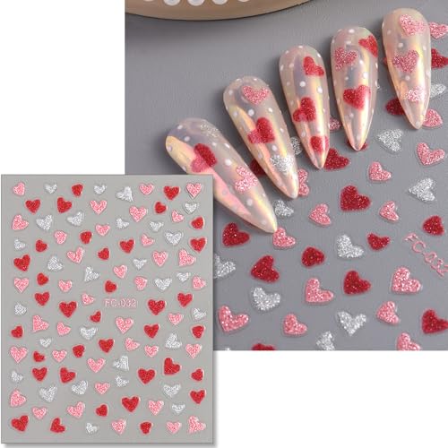 Valentine Glitter Nail Stickers Set - Red Pink Heart & Lips Decals 6 Sheets