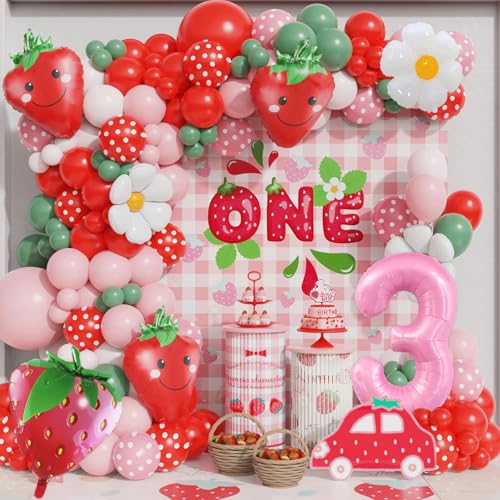 3rd Birthday Decorations for Girls - Strawberry & Daisy Balloons Set