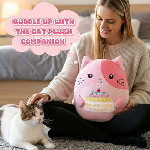 12 Inch Pink Cat Plush Pillow - Cute Stuffed Animal with Motivational Quote