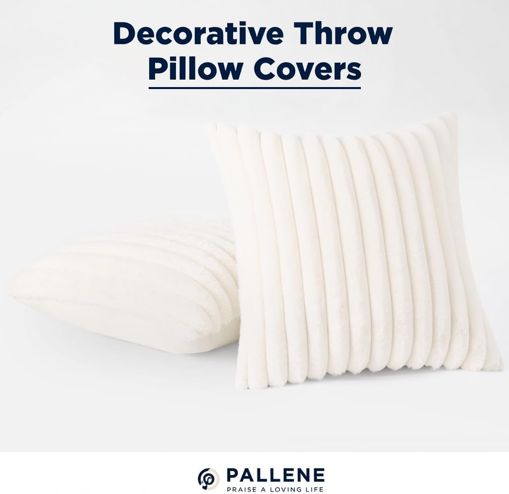 Pallene Faux Fur Pillow Covers - Luxury Soft Fluffy Striped Design | Set of 2, 18x18, Cream White