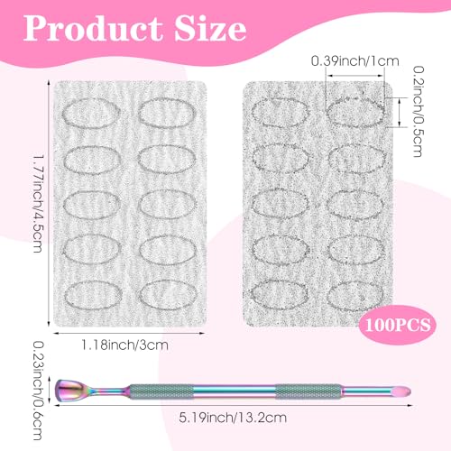 Dual Ended Stainless Steel Cuticle Pusher with 100 Pcs Self-Adhesive Sandpaper Sheets for Manicure