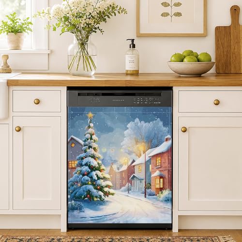 Winter Snow Christmas Tree Dishwasher Magnet Cover 23x26 Inch - Kitchen Decor, Appliance Scratch Cover, Easy Reusable Install