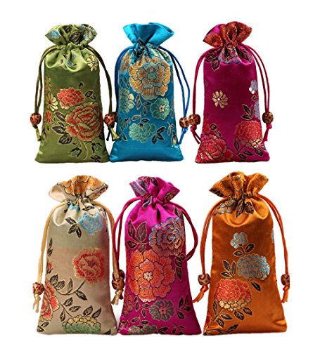 Silk Brocade Drawstring Pouch Set - 6pcs Jewelry & Gift Bags