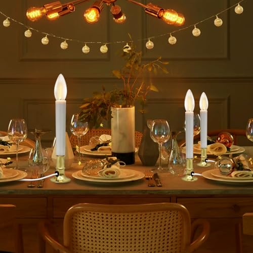 Gold 4 Pack Electric Window Candle Lamps with Brass Base, Dusk to Dawn Sensor