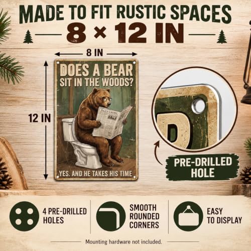 Funny Bear Outhouse Bathroom Sign - 8x12 Inch Wall Art