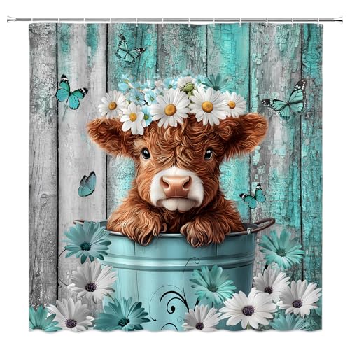 Highland Cow Shower Curtain 70x70 Inches - Teal Floral Design