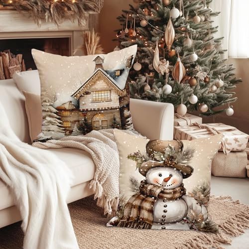 Lanpn 18x18 Christmas Throw Pillow Covers, Set of 4 Festive Cushion Cases