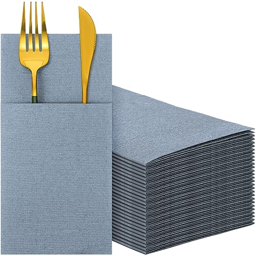 150 Dusty Blue Linen-Like Disposable Napkins for Weddings & Events - Pre Folded with Pocket