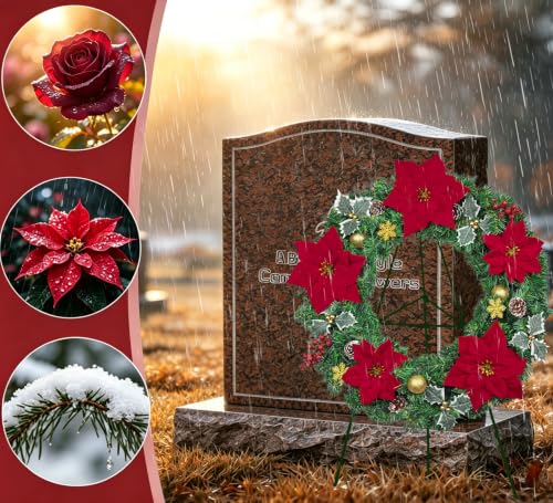 Artificial Cemetery Wreath - 24 Inch Outdoor Grave Decoration with Poinsettia for Winter Remembrance