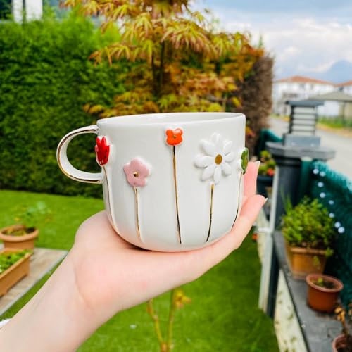 Flowers 12 oz Handmade Ceramic Mug with Gold Accents - Floral Coffee Cup