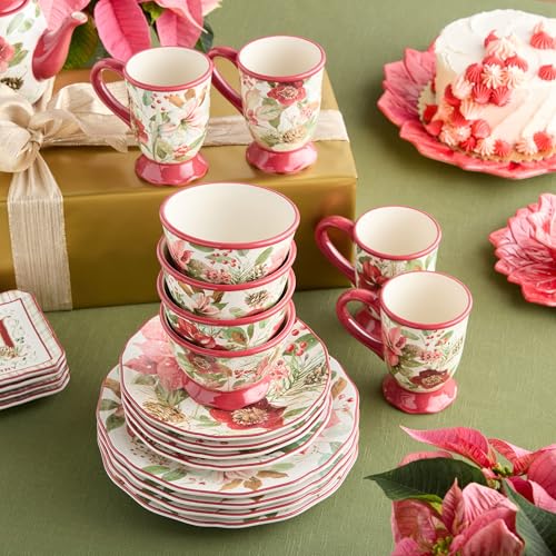 Winter Blooms 16-Piece Holiday Dinnerware Set - Floral Plates, Mugs & Bowls for Christmas