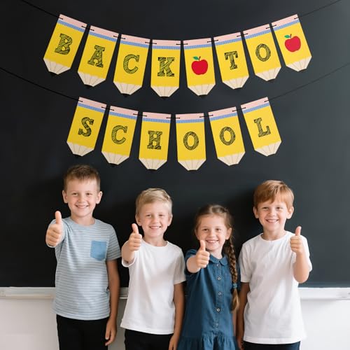 jijAcraft Pre-Strung Back to School Banner - Yellow Pencil & Apple Garland