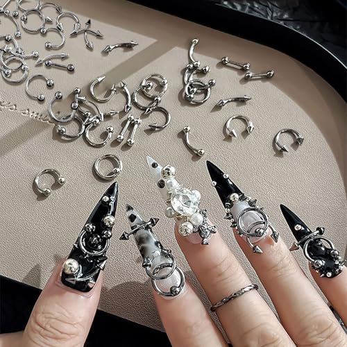 50Pcs Gothic Nail Charms Y2k Silver Piercing Spikes & Rhinestones