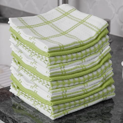 T-Fal 100% Cotton Waffle Dish Cloths - 12"x13" Absorbent Towels, Green (12-Pack)