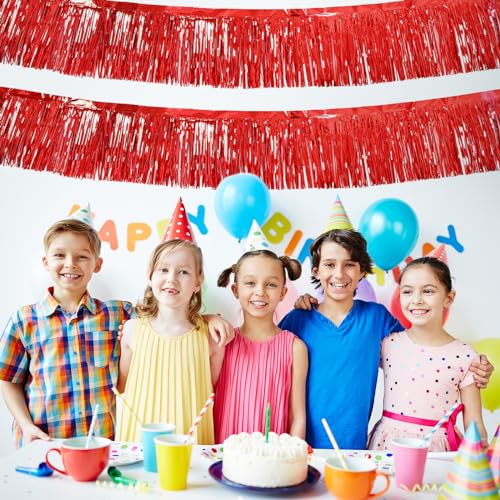 Red Fringe Garland 10 Pack - Metallic Tinsel Streamers for Party Decorations