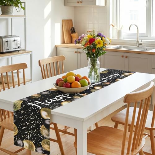 Happy Birthday Table Runner - 72x13in Black Gold Decor