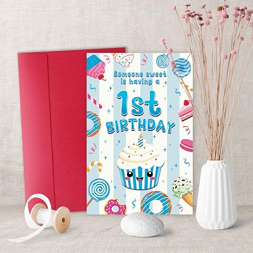 Happy 1st Birthday Card for Baby Boy with Cupcake Theme
