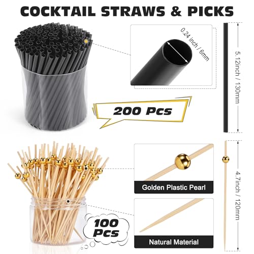300-Piece Cocktail Kit: 200 Short Black Straws and 100 Gold Cocktail Picks